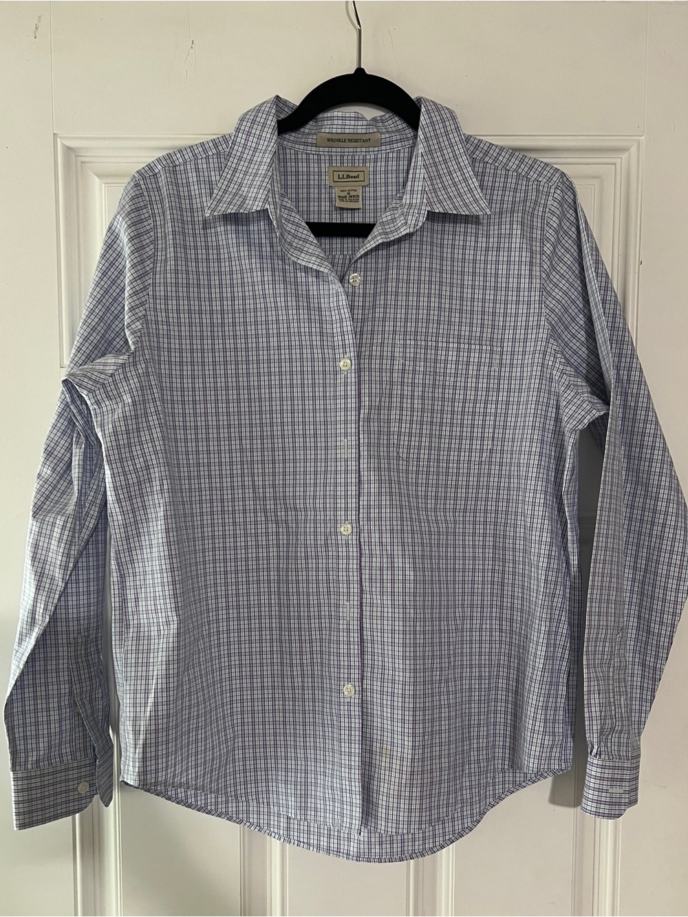 L.L.Bean Wrinkle Resistant Button Down Shirt Womens M Blue Plaid Long Sleeve